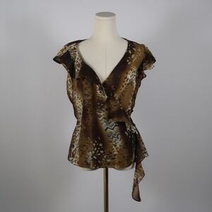 Apostrophe Womens Wrap Top Sheer Animal Print Brown Flutter Sleeve Tie Waist